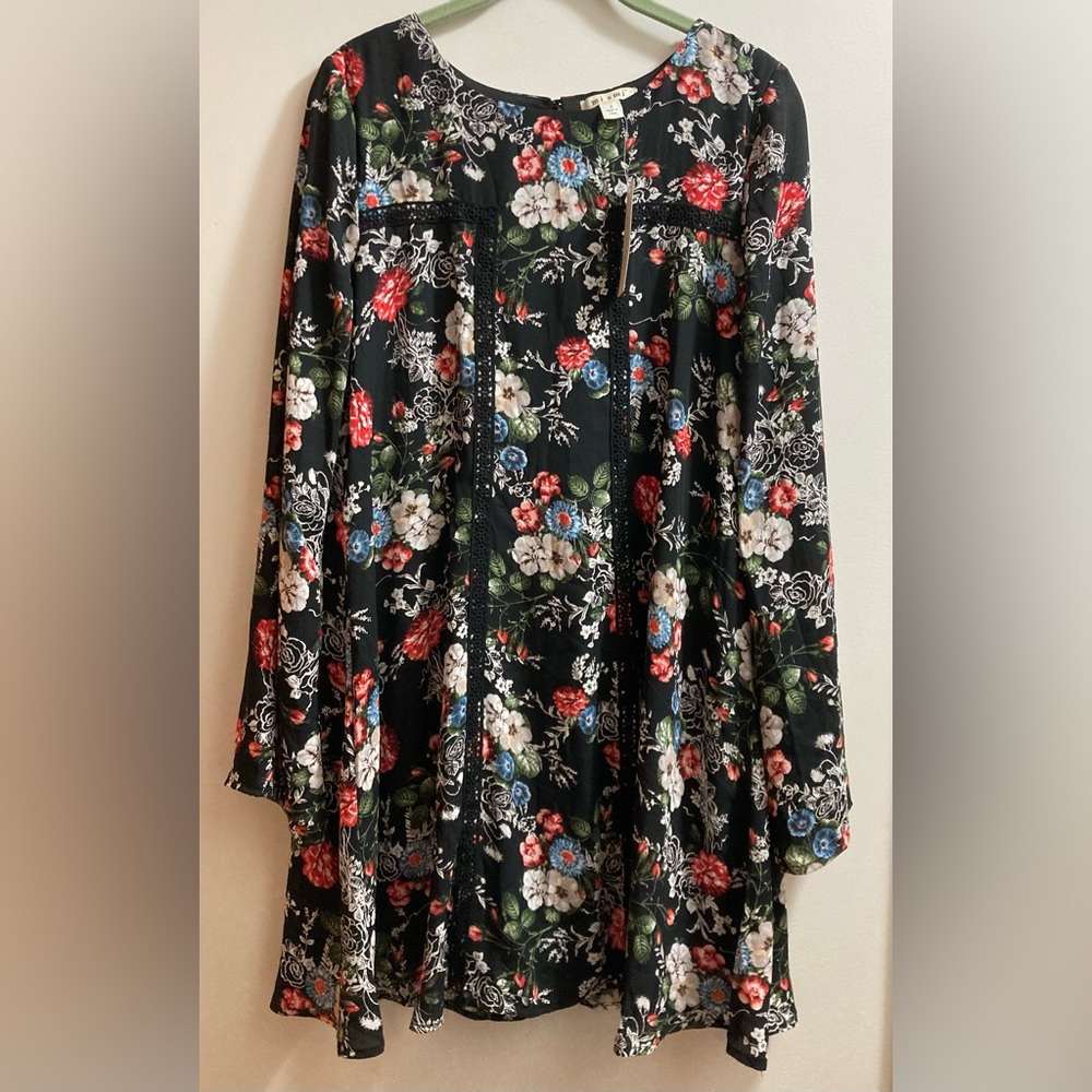 Floral Short Dress Boho Flowy long sleeve black Floral dress flare sleeve